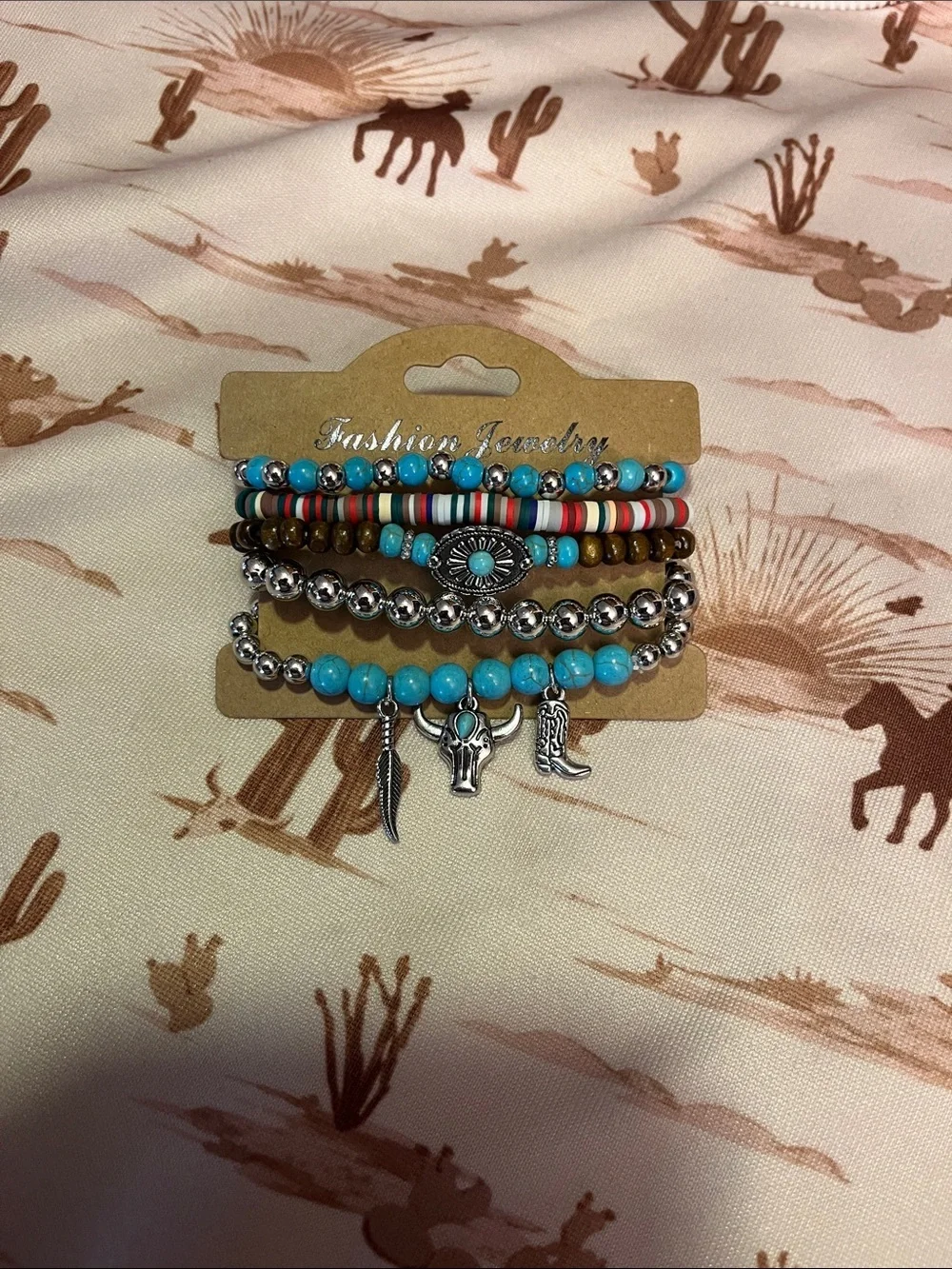 Fashion Jewelry Turquoise, Silver and Brown Layered Charm Bracelet Set